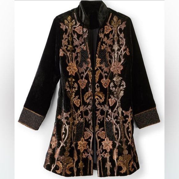 Soft Surroundings Antoinette Velvet black long embroidered beaded jacket Large - Picture 2 of 16